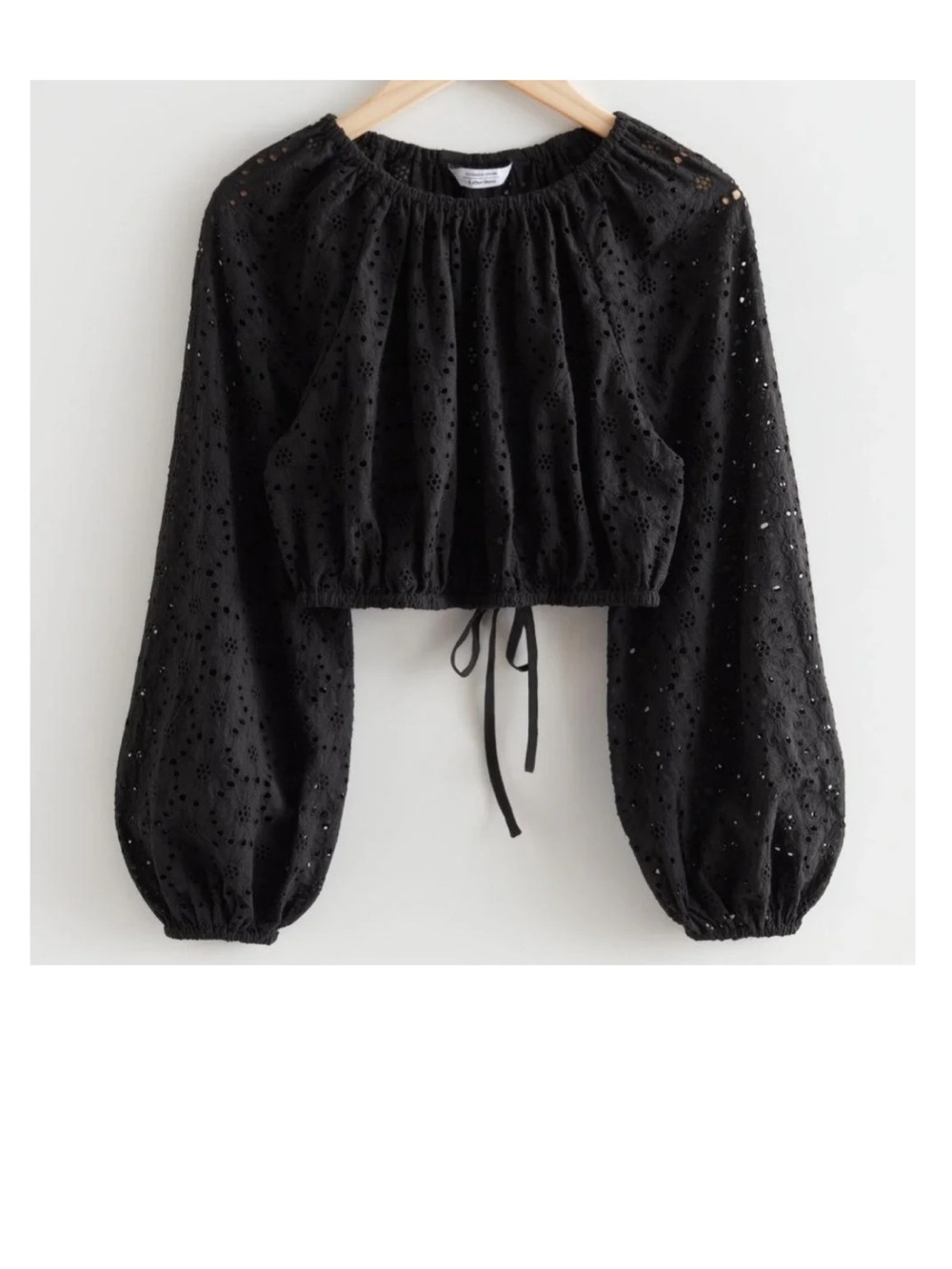 & Other Stories Black Eyelet Crop Top Blouse Medium Puff Sleeve Cotton